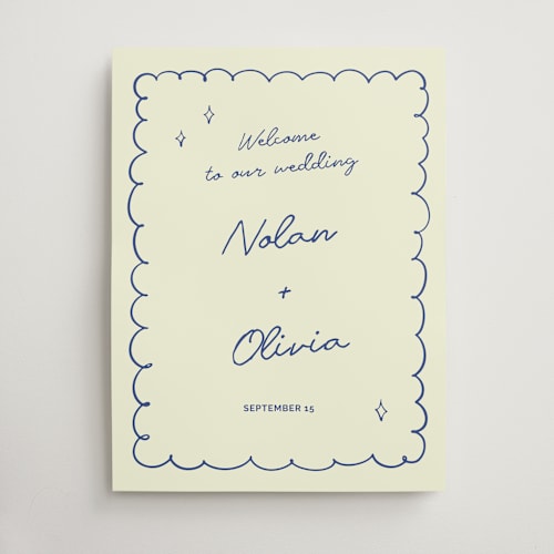 This is a disco blue wedding signs with standard by Zove Ahhh called party on! printing on premium sign board in 18x24