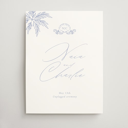 This is a pale cerulean wedding signs with standard by Sabrin Deirani called ocean dreams printing on doublethick in 18x24