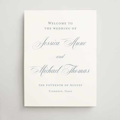 This is a dusty blue wedding signs with standard by Jennifer Postorino called empire printing on doublethick in 18x24