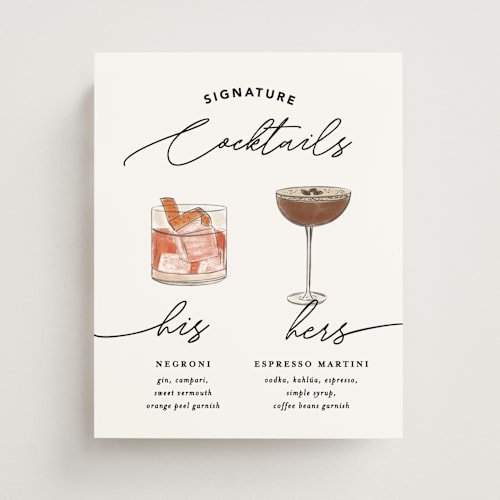 This is a ivory wedding signs with standard by Creo Study called cocktails pair printing on doublethick in 8x10