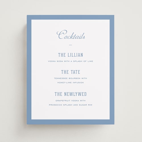 This is a provincial blue wedding signs with standard by Sara Hicks Malone called preston printing on doublethick in 8x10