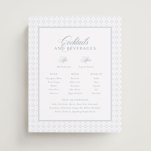 This is a dusty blue wedding signs with standard by Jennifer Postorino called coastal charm printing on doublethick in 8x10