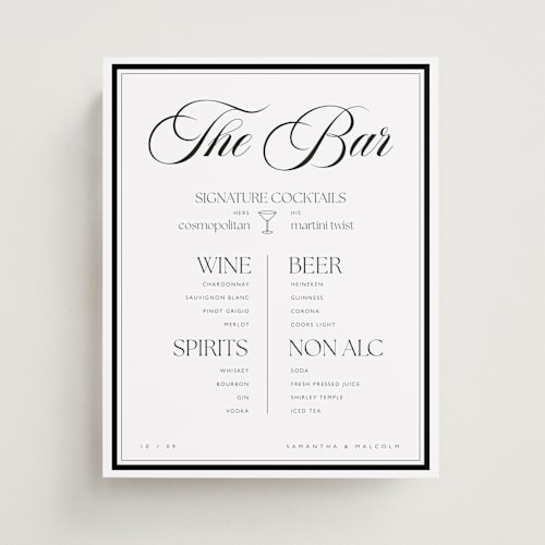 This is a midnight wedding signs with standard by Zani van Zyl called prohibition printing on doublethick in 8x10