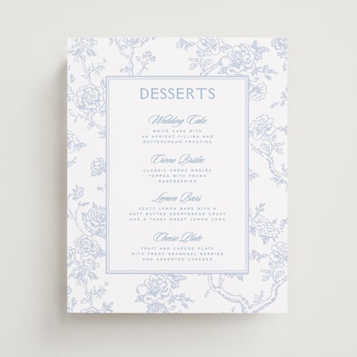 This is a periwinkle wedding signs with standard by Jenna Holcomb called classic toile printing on doublethick in 8x10