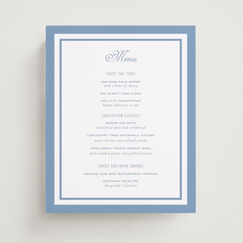 This is a provincial blue wedding signs with standard by Sara Hicks Malone called preston printing on doublethick in 8x10