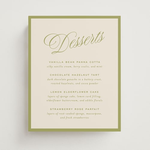 This is a olive wedding signs with standard by Ellen Schlegelmilch called rory printing on doublethick in 8x10