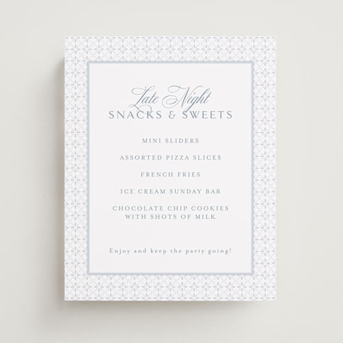 This is a dusty blue wedding signs with standard by Jennifer Postorino called coastal charm printing on doublethick in 8x10