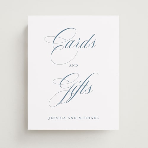 This is a dusty blue wedding signs with standard by Jennifer Postorino called empire printing on doublethick in 8x10