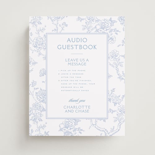 This is a periwinkle wedding signs with standard by Jenna Holcomb called classic toile printing on doublethick in 8x10