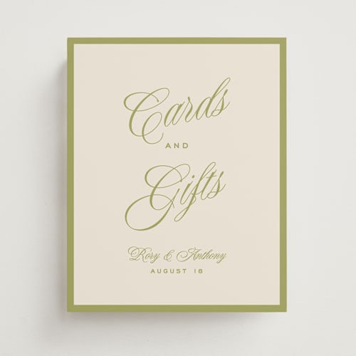 This is a olive wedding signs with standard by Ellen Schlegelmilch called rory printing on doublethick in 8x10