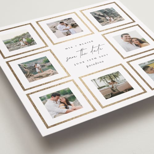 This is a cloud foil stamped save the date cards with foil pressed by Lori Wemple called multi square printing on recycled smooth signature in standard