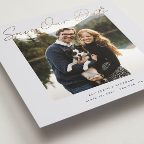This is a mist foil stamped save the date cards with foil pressed by Dana Duricekova called square portrait printing on recycled smooth signature in standard