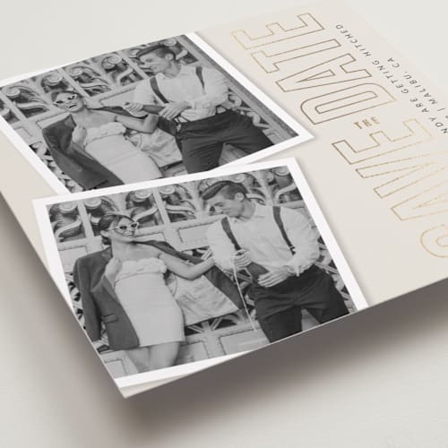 This is a cream foil stamped save the date cards with foil pressed by Ilene Guy called simple squares printing on recycled smooth signature in standard
