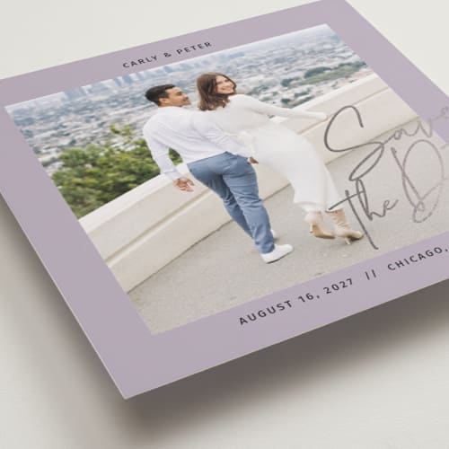 This is a lilac foil stamped save the date cards with foil pressed by Inkblot Design called metro printing on recycled smooth signature in square