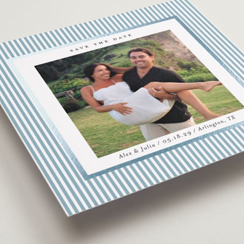 This is a sky foil stamped save the date cards with foil pressed by Lucrecia Caporale called striped frame printing on recycled smooth signature in standard