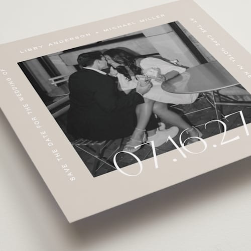 This is a latte save the date with standard by Camille Robinson called square frame text printing on recycled smooth signature in standard