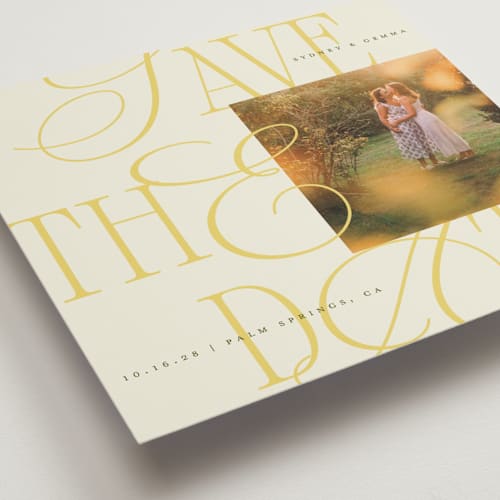 This is a island citrus save the date with standard by Morgan Kendall called bloom printing on recycled smooth signature in standard