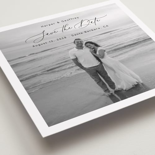 This is a onyx save the date with standard by Benita Crandall called chic square printing on recycled smooth signature in standard