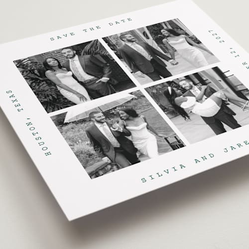 This is a seafoam save the date with standard by Cass Loh called typewriter collage printing on recycled smooth signature in standard