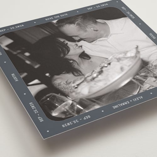 This is a slate save the date with standard by Meggy Masters called vintage take printing on recycled smooth signature in square