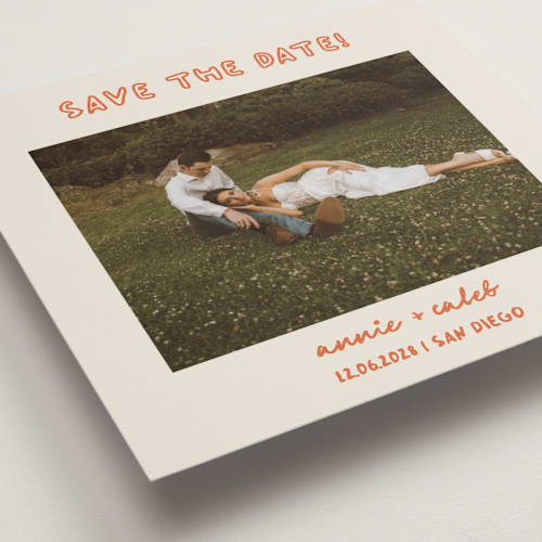 This is a hibiscus save the date with standard by Stephanie Heinrich Godbout called modern outline printing on recycled smooth signature in square