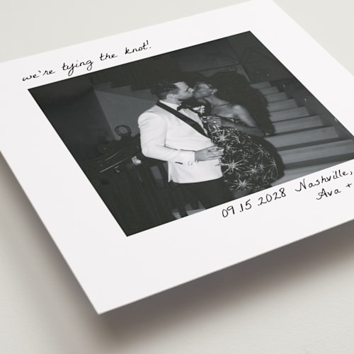 This is a snow save the date with standard by Brittney Jensen called polaroid printing on recycled smooth signature in standard