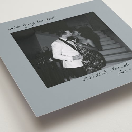 This is a alabaster save the date with standard by Brittney Jensen called polaroid printing on recycled smooth signature in square