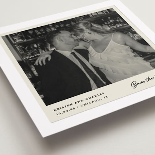 This is a chiffon save the date with standard by Creo Study called modern snapshot printing on recycled smooth signature in standard