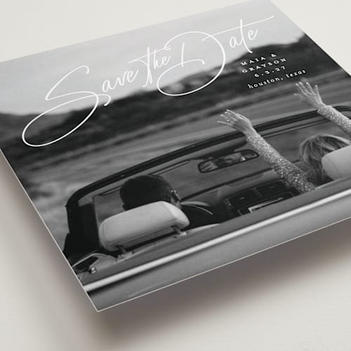 This is a snow save the date with standard by Lauren Chism called sweetest love printing on recycled smooth signature in 5x5