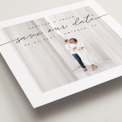 This is a tuxedo save the date with standard by Pixel and Hank called simple details printing on recycled smooth signature in 5x5