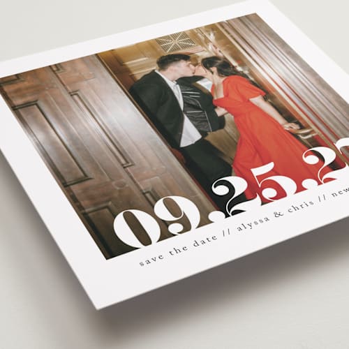 This is a linen save the date with standard by Ashley Cuccio called malibu dreams printing on recycled smooth signature in 5x5