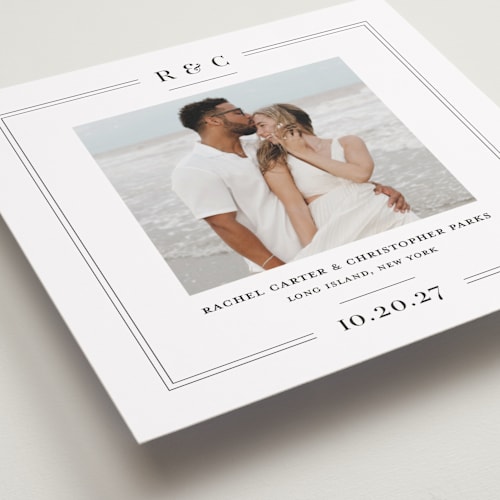 This is a ebony save the date with standard by Meagan Christensen called alcott printing on recycled smooth signature in 5x5