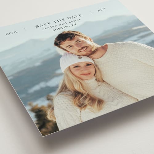 This is a noir save the date with standard by Tamara Hilje called in line printing on recycled smooth signature in 5x5