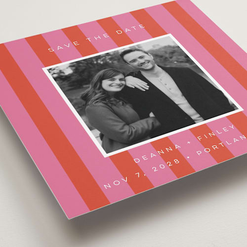 This is a strawberry save the date with standard by Morgan Kendall called cabana printing on recycled smooth signature in standard