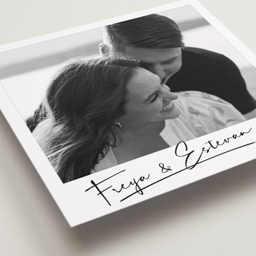 This is a powder save the date with standard by Ann Gardner called photo snap printing on recycled smooth signature in standard