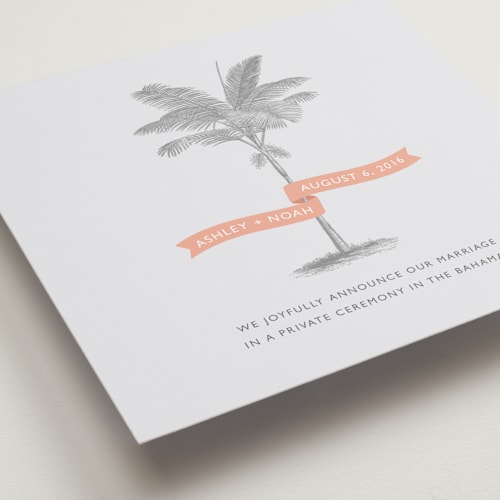 This is a salmon wedding announcements with standard by Lauren Chism called palm printing on signature in standard
