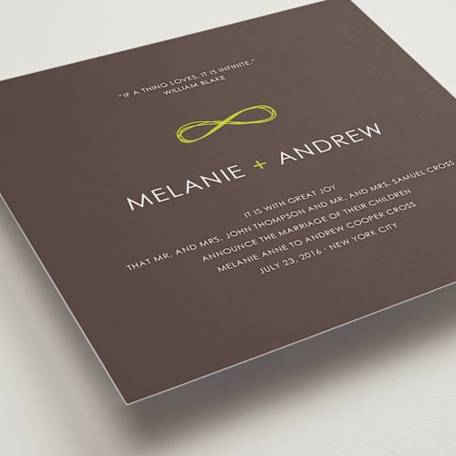 This is a bister wedding announcements with standard by Angela Pignataro called infinite printing on signature in standard