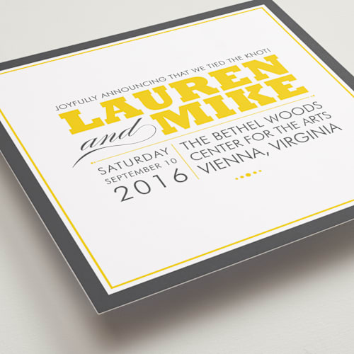 This is a golden yellow wedding announcements with standard by Ariel Rutland called cocktail hour printing on signature in standard