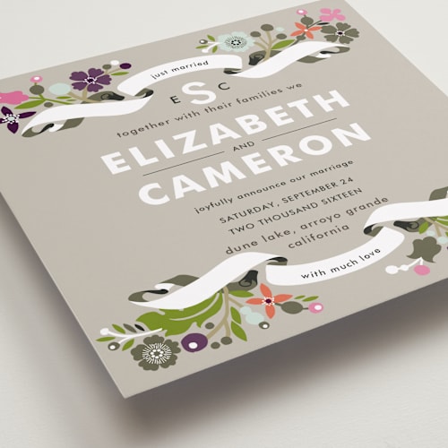 This is a soft beige wedding announcements with standard by Alethea and Ruth called banner and branches printing on signature in standard