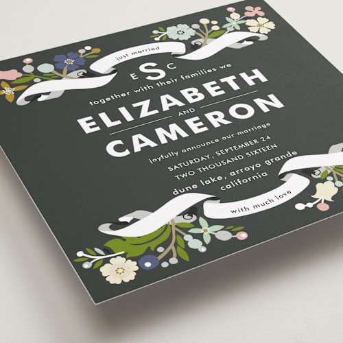 This is a soft black wedding announcements with standard by Alethea and Ruth called banner and branches printing on signature in standard