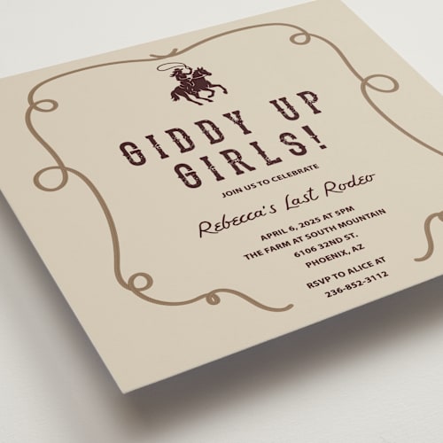 This is a champagne bachelorette party invitations with standard by Sherley Ferreira called giddy up, y'all! printing on signature in standard