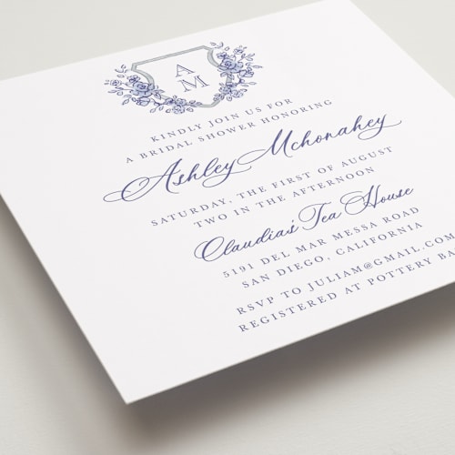 This is a dusty blue bridal shower invitations with standard by Cass Loh called watercolor flowers crest printing on signature in standard