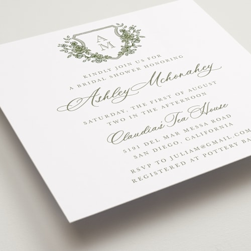 This is a moss bridal shower invitations with standard by Cass Loh called watercolor flowers crest printing on signature in standard