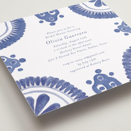 This is a azure bridal shower invitations with standard by Lagniappe Paper called talavera printing on signature in standard