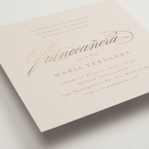 This is a cream bridal shower invitations with foil pressed by Tamara Hilje called gilded printing on signature in standard