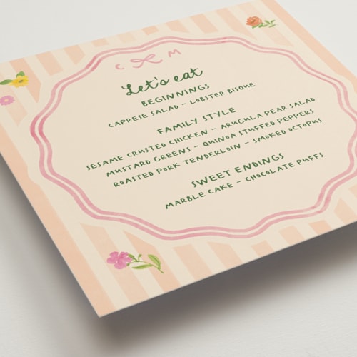 This is a apricot menu cards with standard by Creo Study called garden preppy suite printing on signature in standard