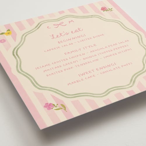 This is a peony menu cards with standard by Creo Study called garden preppy suite printing on signature in standard