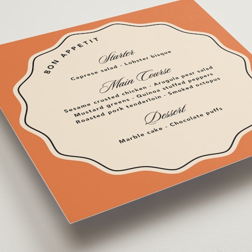 This is a amber menu cards with standard by Creo Study called wavy chic printing on signature in standard
