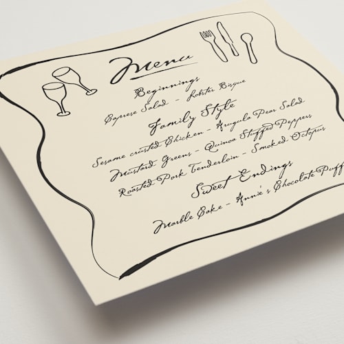 This is a vanilla menu cards with standard by Stacy Maalouf called handwritten family style printing on signature in standard