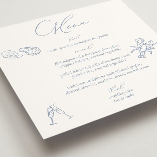 This is a oyster blue menu cards with standard by Cotton and Bow called i found my pearl printing on signature in standard